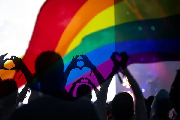 高举双手 高举男女同性恋 双性恋和变性者旗帜的游行中的骄傲社群 爱与宽容的象征 — 图库照片
