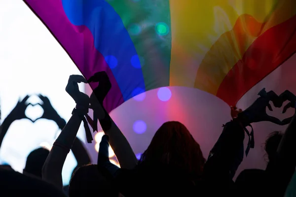 Dumna Społeczność Paradzie Podniesionymi Rękami Flagą Lgbt Symbol Miłości Tolerancji — Zdjęcie stockowe