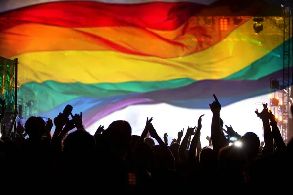 Pride Community Parade Hands Raised Lgbt Flag Symbol Love Tolerance — Stock Photo, Image