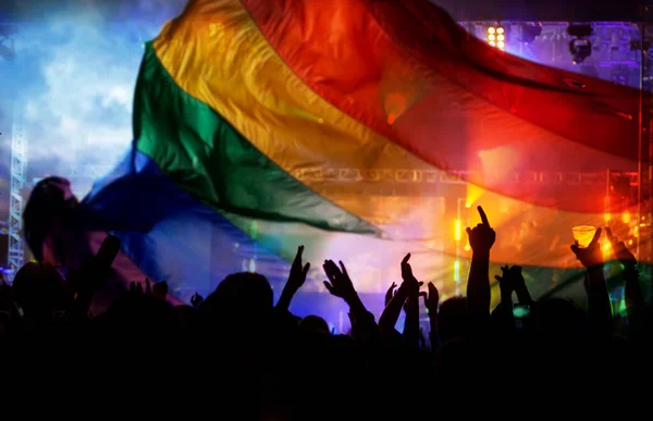 Pride Community Parade Hands Raised Lgbt Flag Symbol Love Tolerance — Stock Photo, Image