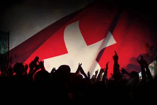 Fãs Futebol Apoiando Suíça Multidão Comemorando Estádio Com Mãos Levantadas — Fotografia de Stock