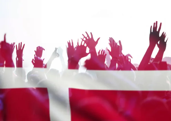 Football Fans Supporting Denmark Crowd Celebrating Stadium Raised Hands Denmark — Stock Photo, Image