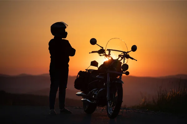 Motorcycle Driver Her Motorcycle Sunset Travel Sport Speed Freedom Concept — Stock Photo, Image