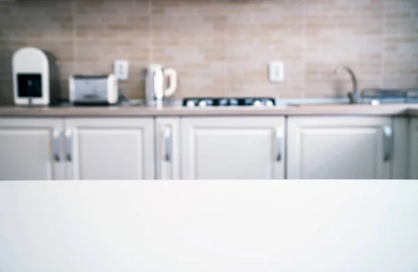 Cucina Sfocata Interna Spazio Bianco Scrivania Home Sfondo — Foto Stock