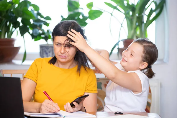 Exhausted Woman Working Home Quarantine Home Office Parenthood Same Time — Stock Photo, Image