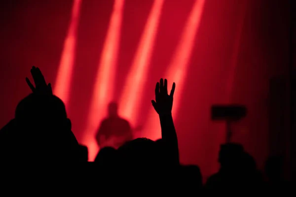 Crowd Concert Cheering Crowd Bright Colorful Stage Lights — Stock Photo, Image