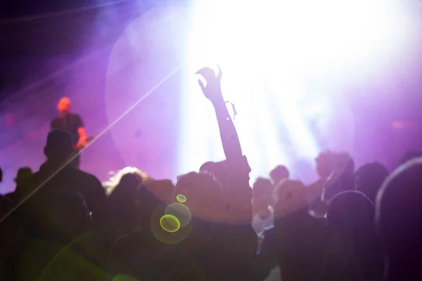 コンサートで群衆 明るいカラフルなステージライトで歓声群衆 — ストック写真