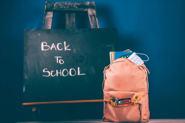 Backpack School Supplies Medical Mask Covid Prevention While Going Back — Stock Photo, Image