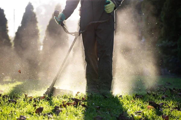 Cortar Relva Com Cortador Relva Jardim Trabalho Fundo Conceito — Fotografia de Stock