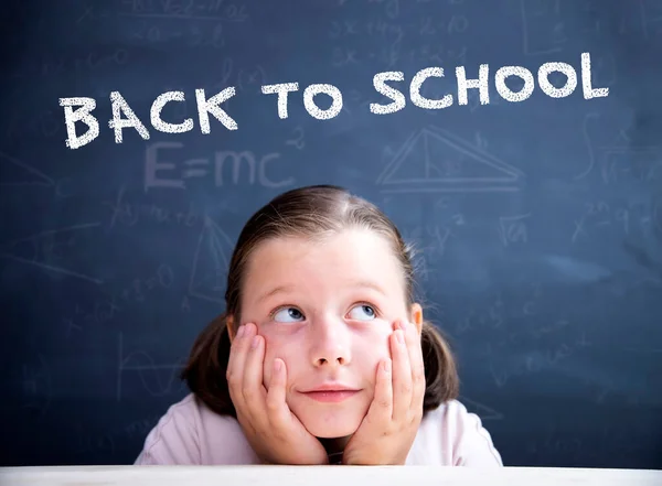 Little Girl Eyeglasses Looking Back School Text Her Head Back — Stock Photo, Image