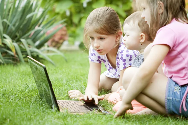 Kinderen met behulp van laptop in de weide — Stockfoto