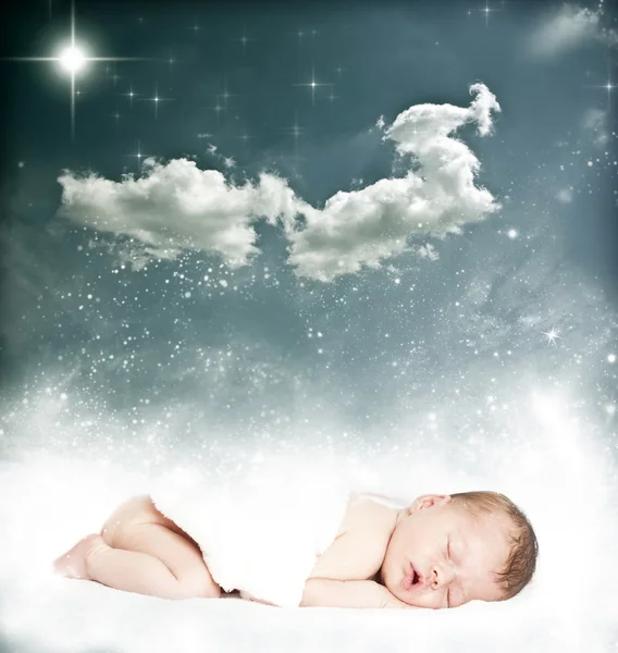 Magic winter background and sleeping baby — Stock Photo, Image