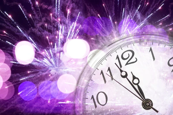 New Year's at midnight - Old clock and holiday lights — Stock Photo, Image