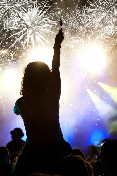 Fuegos artificiales y multitud — Foto de Stock