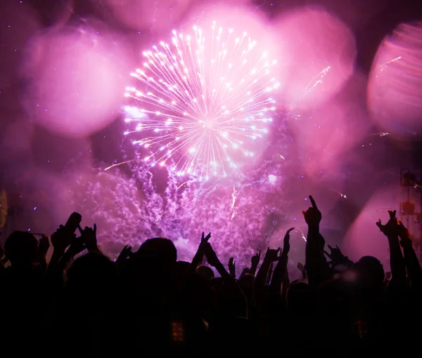 Feuerwerk und jubelnde Menge — Stockfoto