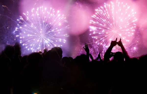 Tűzijáték és ujjongó tömeg ünnepli — Stock Fotó