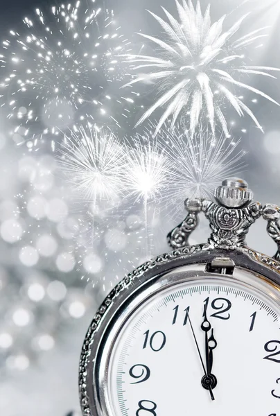 Old clock with fireworks — Stock Photo, Image