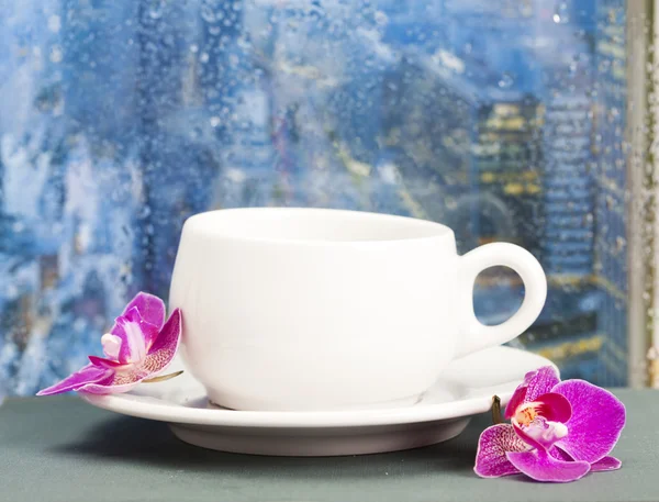 Taza de café y orquídeas — Foto de Stock