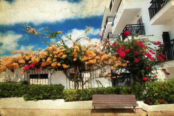 Скамейка окружена цветами — стоковое фото