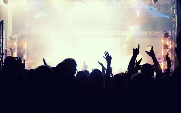 Animando a la multitud frente a las luces del escenario — Foto de Stock