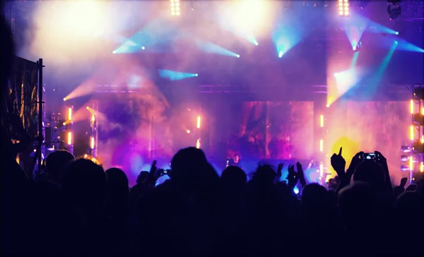 Torcendo multidão na frente das luzes do palco — Fotografia de Stock
