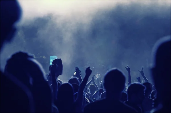 Animando a la multitud frente a las luces del escenario — Foto de Stock