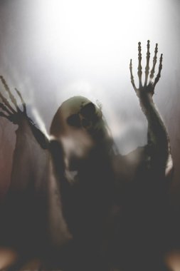 Creepy skeleton figure with skull behind matte glass. Halloween festival concept.Blurred picture