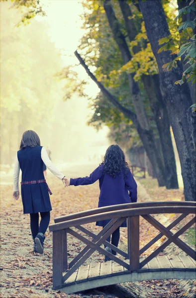 Sonbahar Park'ta yürüyordunuz iki okul kız — Stok fotoğraf