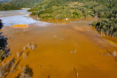 Flooded and abandoned village in the middle of a lake contaminated with cyanide at Geamana, near Rosia Montana, Romania