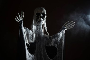 Creepy skeleton figure with skull in the dark. Halloween concept.