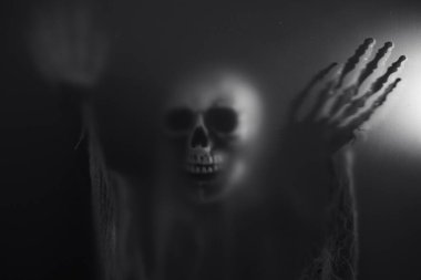 Creepy skeleton figure with skull behind matte glass. Halloween festival concept.Blurred picture