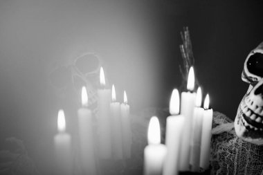 Creepy figure with and candle lights. Halloween festival concept.