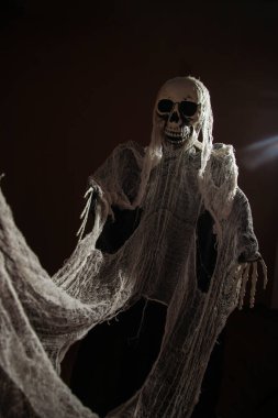 Creepy skeleton figure with skull in the dark. Halloween concept.