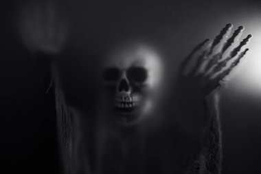 Creepy skeleton figure with skull behind matte glass. Halloween festival concept.Blurred picture