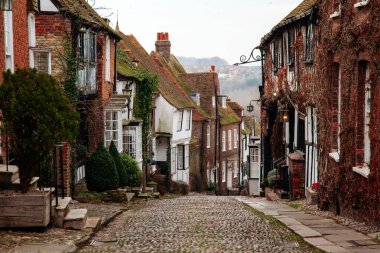 Batı Sussex Çavdar bir arnavut kaldırımlı sokakta güzel Tudor yarım ahşap evler