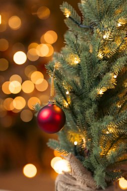 Christmas red ball on fir tree with bokeh holiday lights in the background with copy space