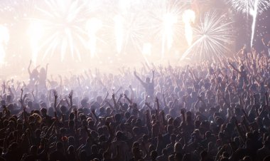 Yeni yıl konsepti - kalabalığı ve havai fişekleri neşelendirmek