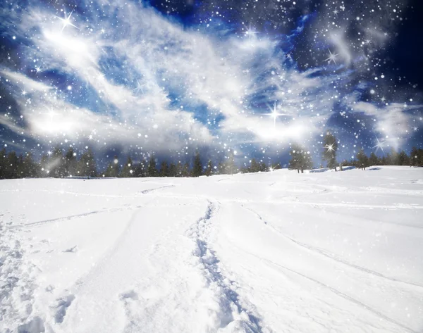 Fondo navideño con sendero nevado en la nieve — Foto de Stock