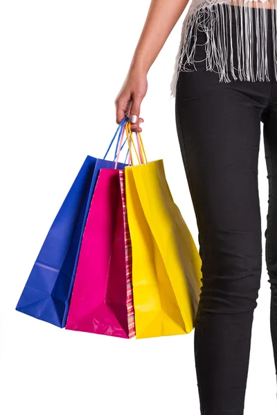 Hermosa mujer con un montón de bolsas de compras — Foto de Stock