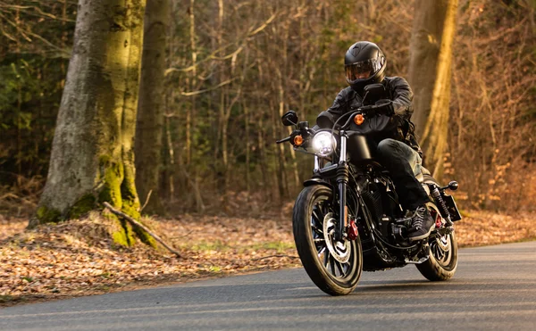 Hombre asiento en la motocicleta en el camino del bosque . — Foto de Stock