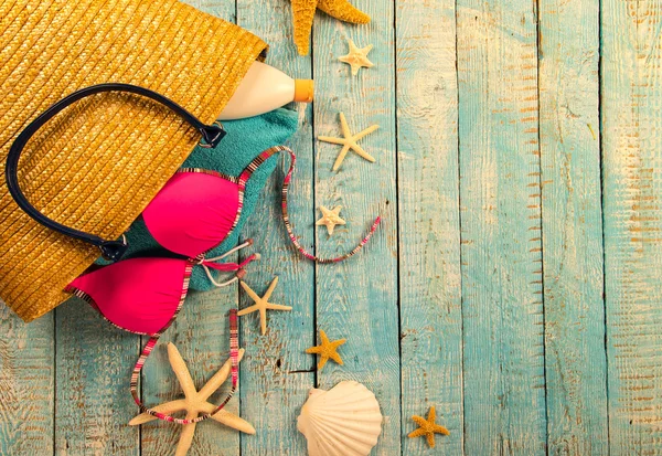 Summer beach accessory on the wood table. — Stock Photo, Image