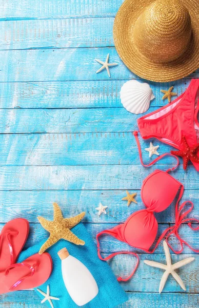 Summer beach accessory on the wood table. — Stock Photo, Image