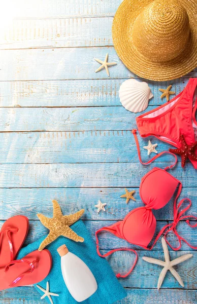 Summer beach accessory on the wood table. — Stock Photo, Image