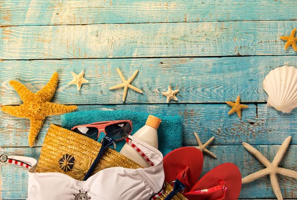 Summer beach accessory on the wood table. — Stock Photo, Image