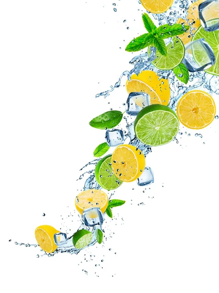 Fresh fruit in water splash over white — Stock Photo, Image