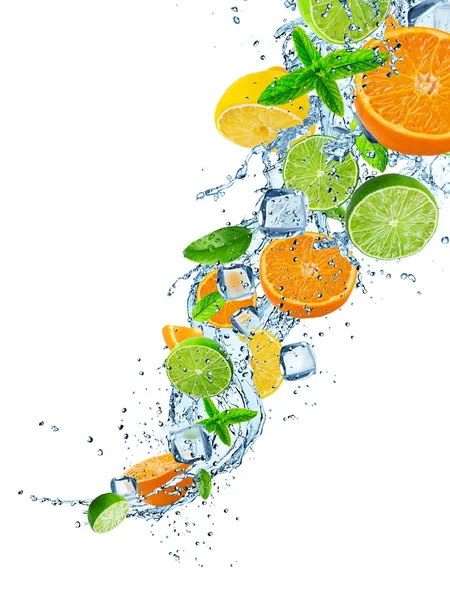 Fresh fruit in water splash over white — Stock Photo, Image