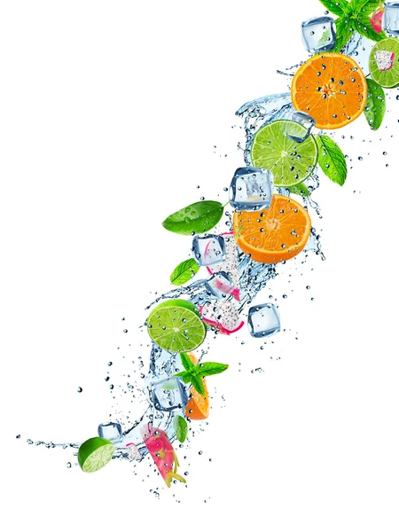 Fresh fruit in water splash over white — Stock Photo, Image