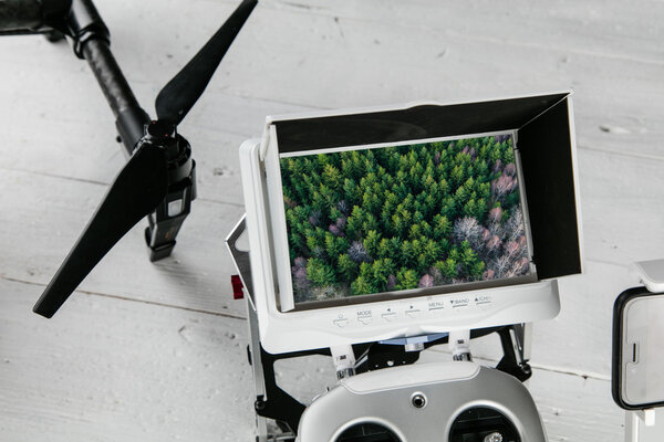 Drone aerial photography concept - Radio control transmitter with monitor.