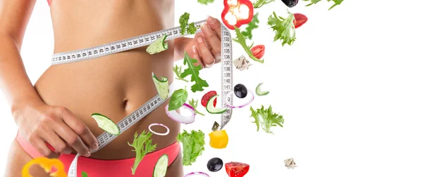 Dieta - jovem está medindo sua coxa — Fotografia de Stock