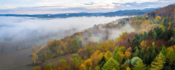 Beautiful aerial view of morning fog and sunrise in autumn — Stock Photo, Image